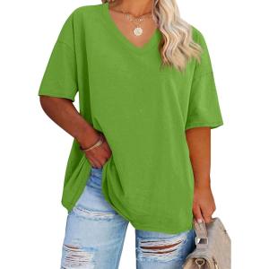 Fisoew Women’s Plus Size V Neck T Shirts Summer Half Sleeve Tees Casual Loose Fit Cotton Tunic Tops(Grass Green)