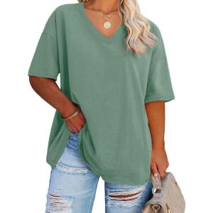 Fisoew Women’s Plus Size V Neck T Shirts Summer Half Sleeve Tees Casual Loose Fit Cotton Tunic Tops(Green)