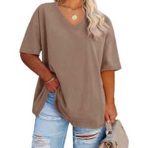 Fisoew Women’s Plus Size V Neck T Shirts Summer Half Sleeve Tees Casual Loose Fit Cotton Tunic Tops(Khaki)