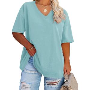 Fisoew Women’s Plus Size V Neck T Shirts Summer Half Sleeve Tees Casual Loose Fit Cotton Tunic Tops(Light Blue)