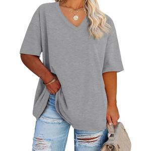 Fisoew Women’s Plus Size V Neck T Shirts Summer Half Sleeve Tees Casual Loose Fit Cotton Tunic Tops(Light Grey)
