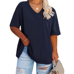 Fisoew Women’s Plus Size V Neck T Shirts Summer Half Sleeve Tees Casual Loose Fit Cotton Tunic Tops(Navy Blue)
