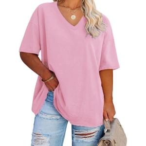 Fisoew Women’s Plus Size V Neck T Shirts Summer Half Sleeve Tees Casual Loose Fit Cotton Tunic Tops(Pink)