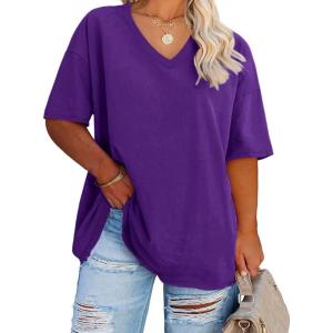Fisoew Women’s Plus Size V Neck T Shirts Summer Half Sleeve Tees Casual Loose Fit Cotton Tunic Tops(Purple)