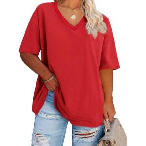 Fisoew Women’s Plus Size V Neck T Shirts Summer Half Sleeve Tees Casual Loose Fit Cotton Tunic Tops(Red)