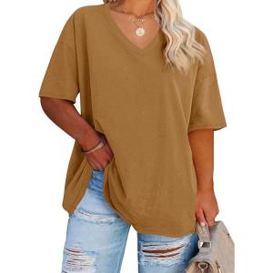 Fisoew Women’s Plus Size V Neck T Shirts Summer Half Sleeve Tees Casual Loose Fit Cotton Tunic Tops(Tan)