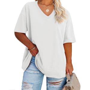 Fisoew Women’s Plus Size V Neck T Shirts Summer Half Sleeve Tees Casual Loose Fit Cotton Tunic Tops(White)