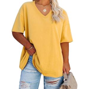 Fisoew Women’s Plus Size V Neck T Shirts Summer Half Sleeve Tees Casual Loose Fit Cotton Tunic Tops(Yellow)