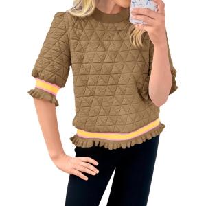 Fisoew Womens Quilted Pattern Cropped Sweatshirts Casual Crewneck Half Lantern Sleeve Textured Ruffle Loose Pullover Tops(Dark Khaki)