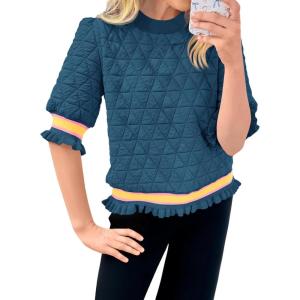 Fisoew Womens Quilted Pattern Cropped Sweatshirts Casual Crewneck Half Lantern Sleeve Textured Ruffle Loose Pullover Tops(Navy)