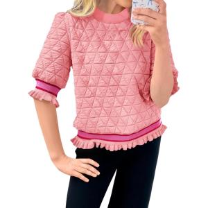 Fisoew Womens Quilted Pattern Cropped Sweatshirts Casual Crewneck Half Lantern Sleeve Textured Ruffle Loose Pullover Tops(Pink)