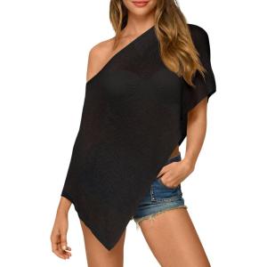 Fisoew Womens Sheer Poncho Top Lightweight Knit Bolero Shrug Mesh Off The Shoulder Y2K Going Out Beach Swimsuit Coverup(Black)