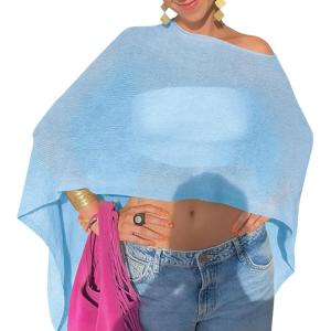 Fisoew Womens Sheer Poncho Top Lightweight Knit Bolero Shrug Mesh Off The Shoulder Y2K Going Out Beach Swimsuit Coverup(Light Blue)