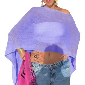 Fisoew Womens Sheer Poncho Top Lightweight Knit Bolero Shrug Mesh Off The Shoulder Y2K Going Out Beach Swimsuit Coverup(Light Purple)