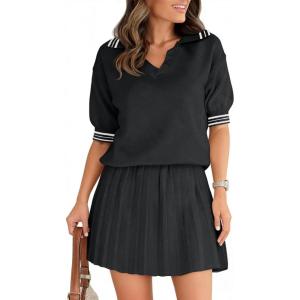 Fisoew Womens Summer 2 Piece Skirt Sets Short Sleeve V Neck Knit Sweater Tops Pleated Mini Skirt Casual Beach Outfits(Black)