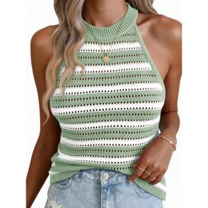 Fisoew Womens Summer Crochet Halter Tops Striped Sleeveless Tank Top Casual Knit Hollow Out Camisole Loose Sweater Vest(Green)