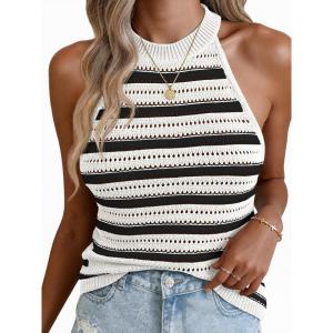 Fisoew Womens Summer Crochet Halter Tops Striped Sleeveless Tank Top Casual Knit Hollow Out Camisole Loose Sweater Vest(White)