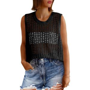 Fisoew Womens Summer Crochet Tank Tops Sleeveless Scoop Neck Loose Knit Sweater Vest Boho Hollow Out Beach Cover Ups(Black)