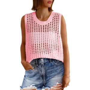 Fisoew Womens Summer Crochet Tank Tops Sleeveless Scoop Neck Loose Knit Sweater Vest Boho Hollow Out Beach Cover Ups(Pink)