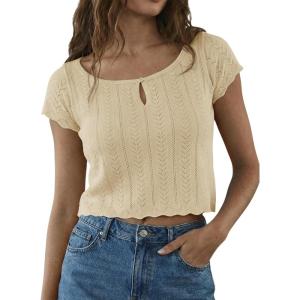 Fisoew Womens Y2K Crop Tops Short Sleeve Scoop Neck Coquette T Shirt Casual Summer Pullover Sweater Pointelle Outfits(Apricot)
