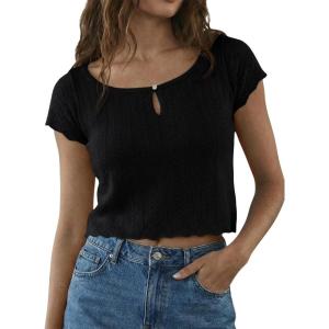 Fisoew Womens Y2K Crop Tops Short Sleeve Scoop Neck Coquette T Shirt Casual Summer Pullover Sweater Pointelle Outfits(Black)