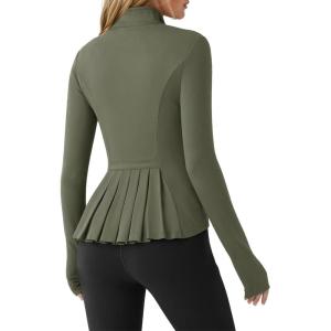 Fisoew Women’s Zip Up Workout Jacket Pleated Lightweight Slim Fit Stand Collar Thumb Hole Tops with Pockets(Army Green)