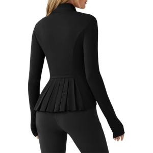 Fisoew Women’s Zip Up Workout Jacket Pleated Lightweight Slim Fit Stand Collar Thumb Hole Tops with Pockets(Black)