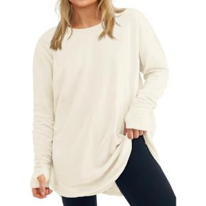 Women’s Plus Size Long Sleeve Tunic Top Crew Neck Summer Oversized Fit Basic T Shirts Blouse(Beige)