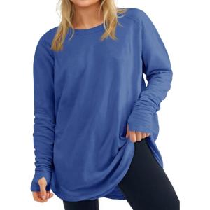 Women’s Plus Size Long Sleeve Tunic Top Crew Neck Summer Oversized Fit Basic T Shirts Blouse(Blue)