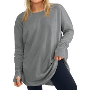 Women’s Plus Size Long Sleeve Tunic Top Crew Neck Summer Oversized Fit Basic T Shirts Blouse(Grey)