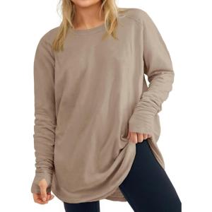 Women’s Plus Size Long Sleeve Tunic Top Crew Neck Summer Oversized Fit Basic T Shirts Blouse(Khaki)