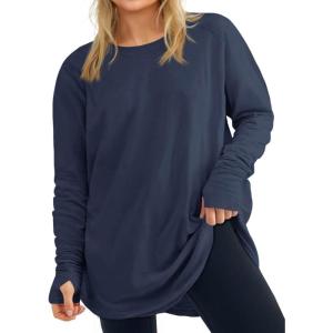 Women’s Plus Size Long Sleeve Tunic Top Crew Neck Summer Oversized Fit Basic T Shirts Blouse(Navy)