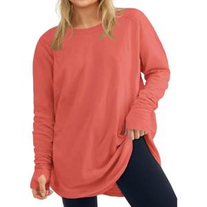 Women’s Plus Size Long Sleeve Tunic Top Crew Neck Summer Oversized Fit Basic T Shirts Blouse(Orange)