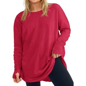 Women’s Plus Size Long Sleeve Tunic Top Crew Neck Summer Oversized Fit Basic T Shirts Blouse(Red)