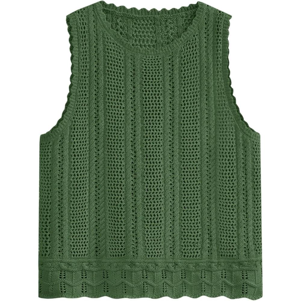 image:imageFisoew Crochet Tops for Women 2026 Spring Summer Sleeveless Sweater Tank Fashion Beach Resort Wear Vacation Cover Ups ClothesArmy Green