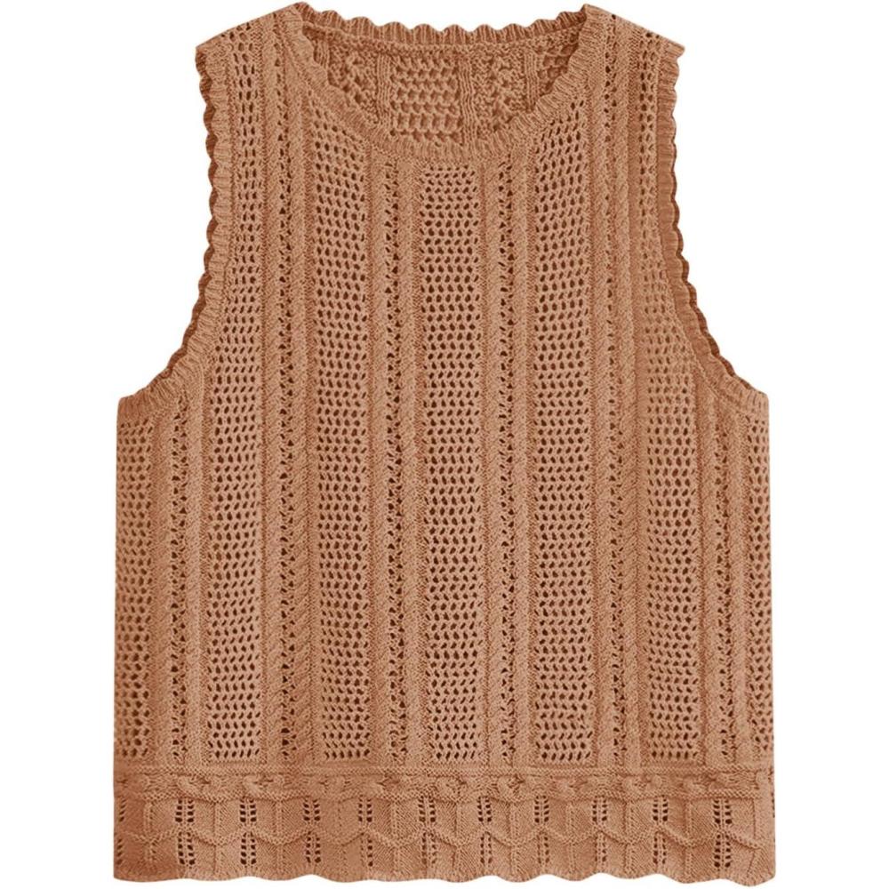 image:imageFisoew Crochet Tops for Women 2026 Spring Summer Sleeveless Sweater Tank Fashion Beach Resort Wear Vacation Cover Ups ClothesKhaki