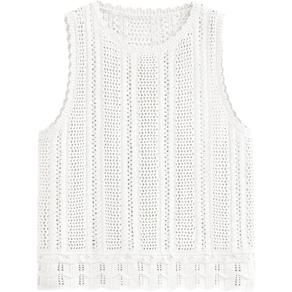 image:imageFisoew Crochet Tops for Women 2026 Spring Summer Sleeveless Sweater Tank Fashion Beach Resort Wear Vacation Cover Ups ClothesWhite