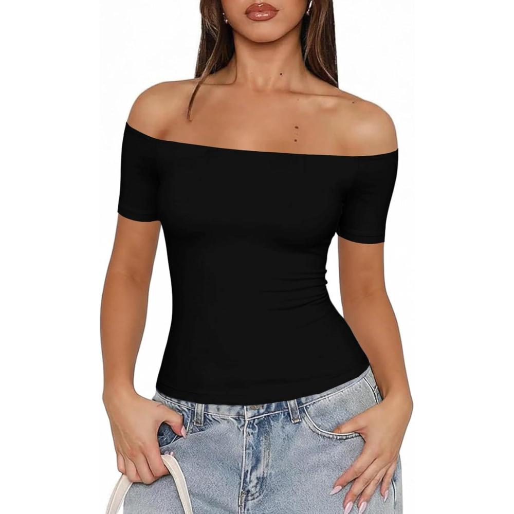 image:imageFisoew Off The Shoulder Tops for Women  Going Out Summer Short Sleeve Shirts Cute Y2k Sexy 2026 Date Basic OutfitsBlack