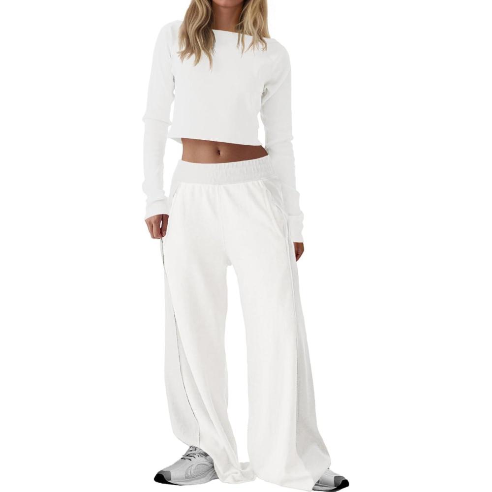 image:imageFisoew Womens 2 Piece Lounge Sets Off The Shoulder Long Sleeve Crop Tops Wide Leg Pants Tracksuit Outfits with PocketsWhite
