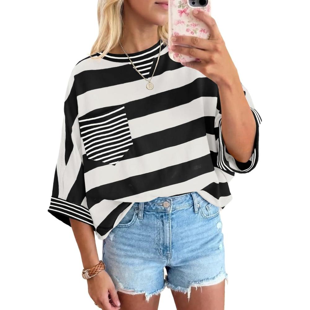 image:imageFisoew Womens 2026 Summer Color Block Striped TShirts Oversized Short Sleeve Crewneck Y2K Tops Casual Loose TeesBlackwhite