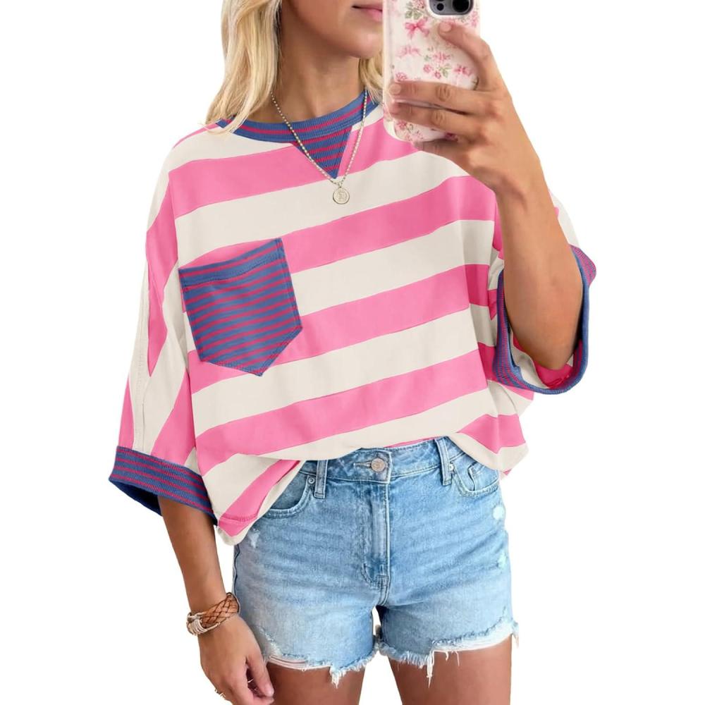 image:imageFisoew Womens 2026 Summer Color Block Striped TShirts Oversized Short Sleeve Crewneck Y2K Tops Casual Loose TeesPink