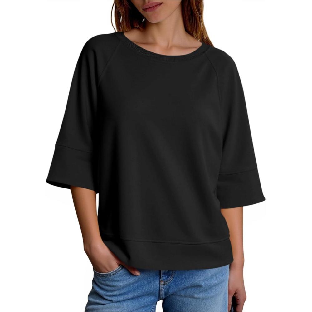 image:imageFisoew Womens 34 Length Sleeve Tops Oversized Crewneck Sweatshirt Loose Fit Shirts Summer Casual Basic Boxy Tee