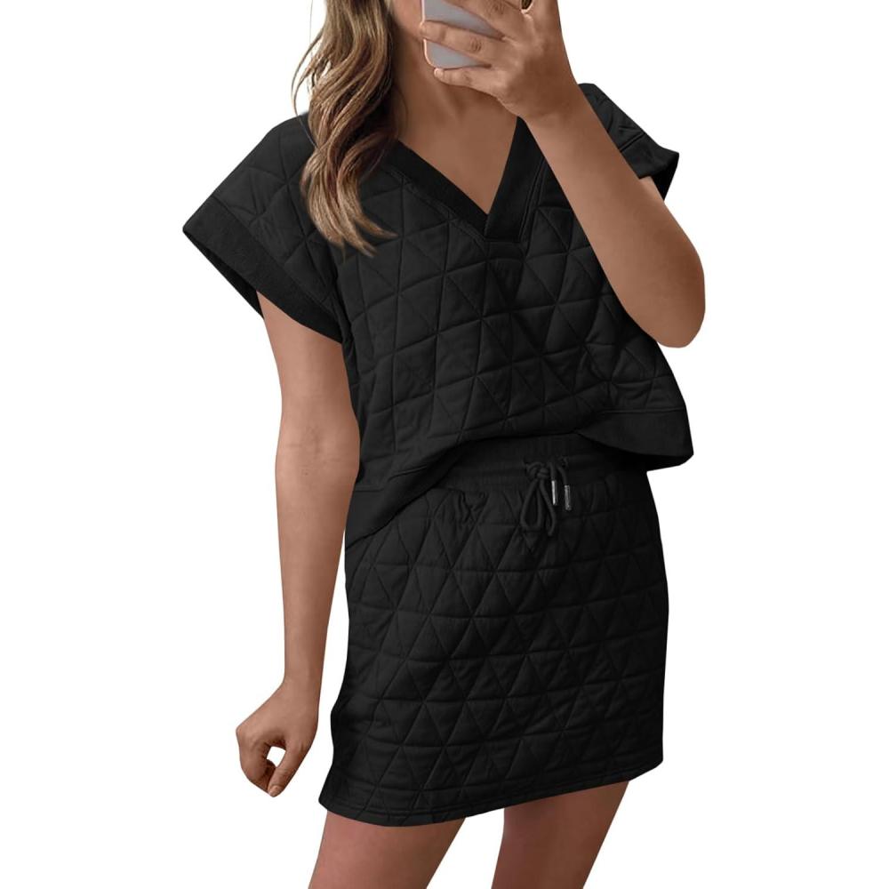 image:imageFisoew Womens Argyle 2 Piece Outfits Skirt Sets Short Sleeve V Neck Tops and Casual Mini Skirts Lounge SetsBlack