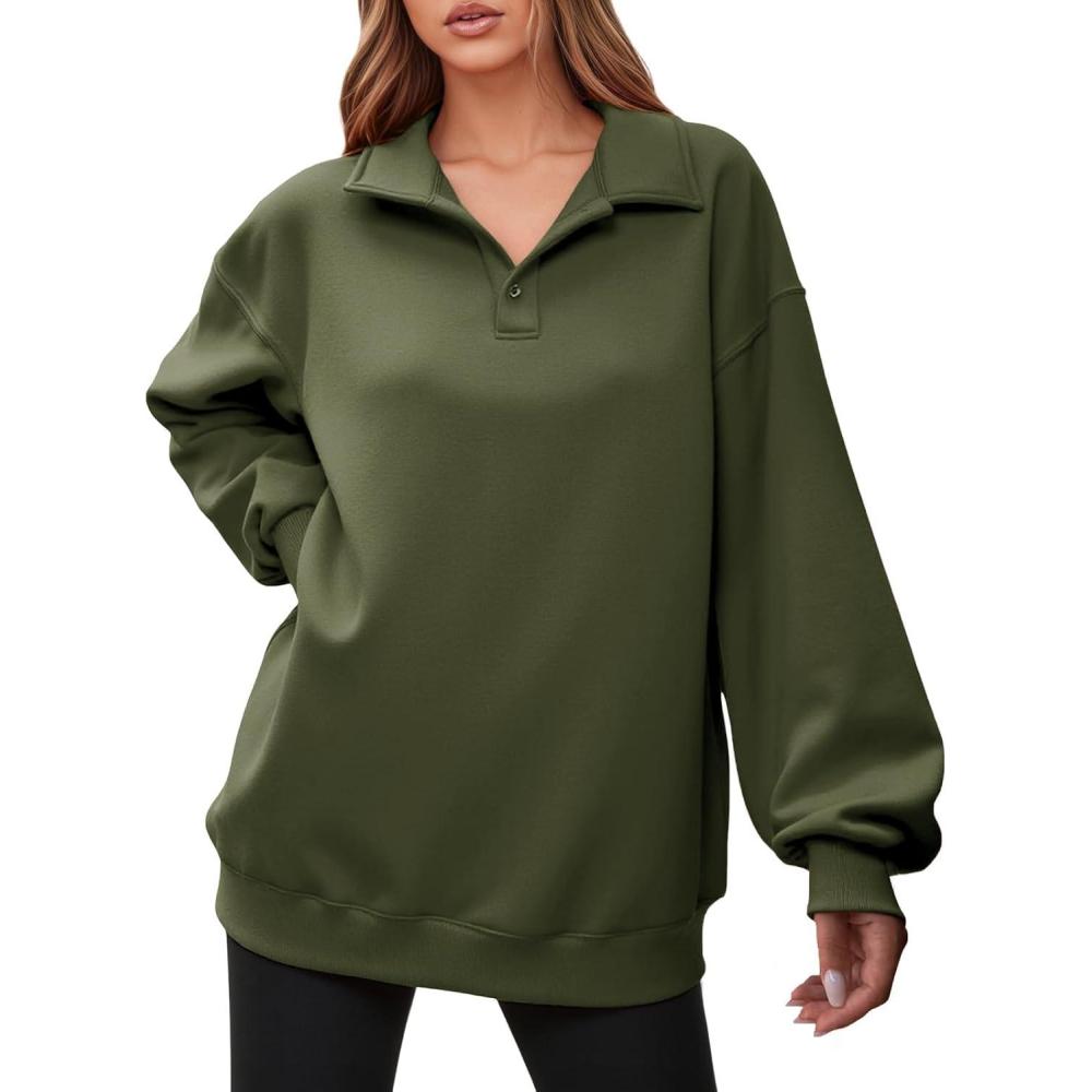 image:imageFisoew Womens Collared V Neck Sweatshirt Casual Oversized Long Sleeve Fashion Pullover TopsArmy Green