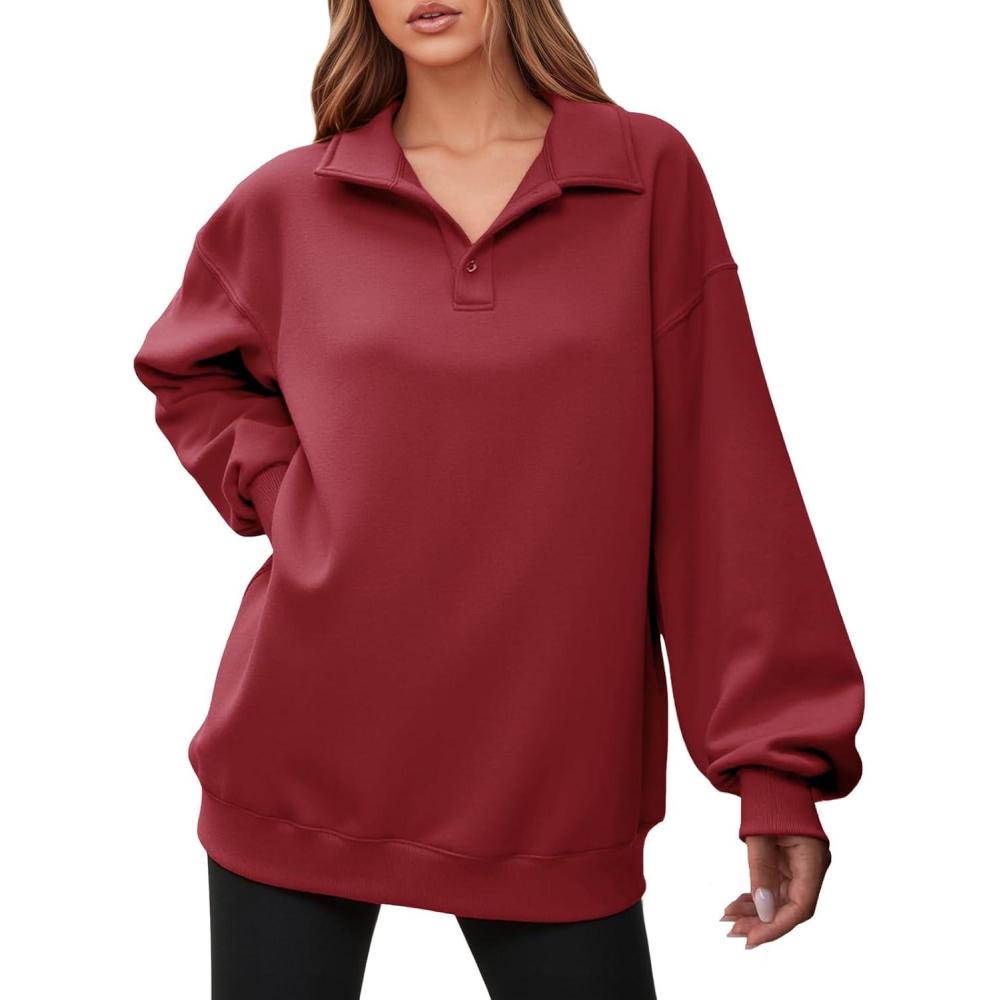 image:imageFisoew Womens Collared V Neck Sweatshirt Casual Oversized Long Sleeve Fashion Pullover TopsBurgundy