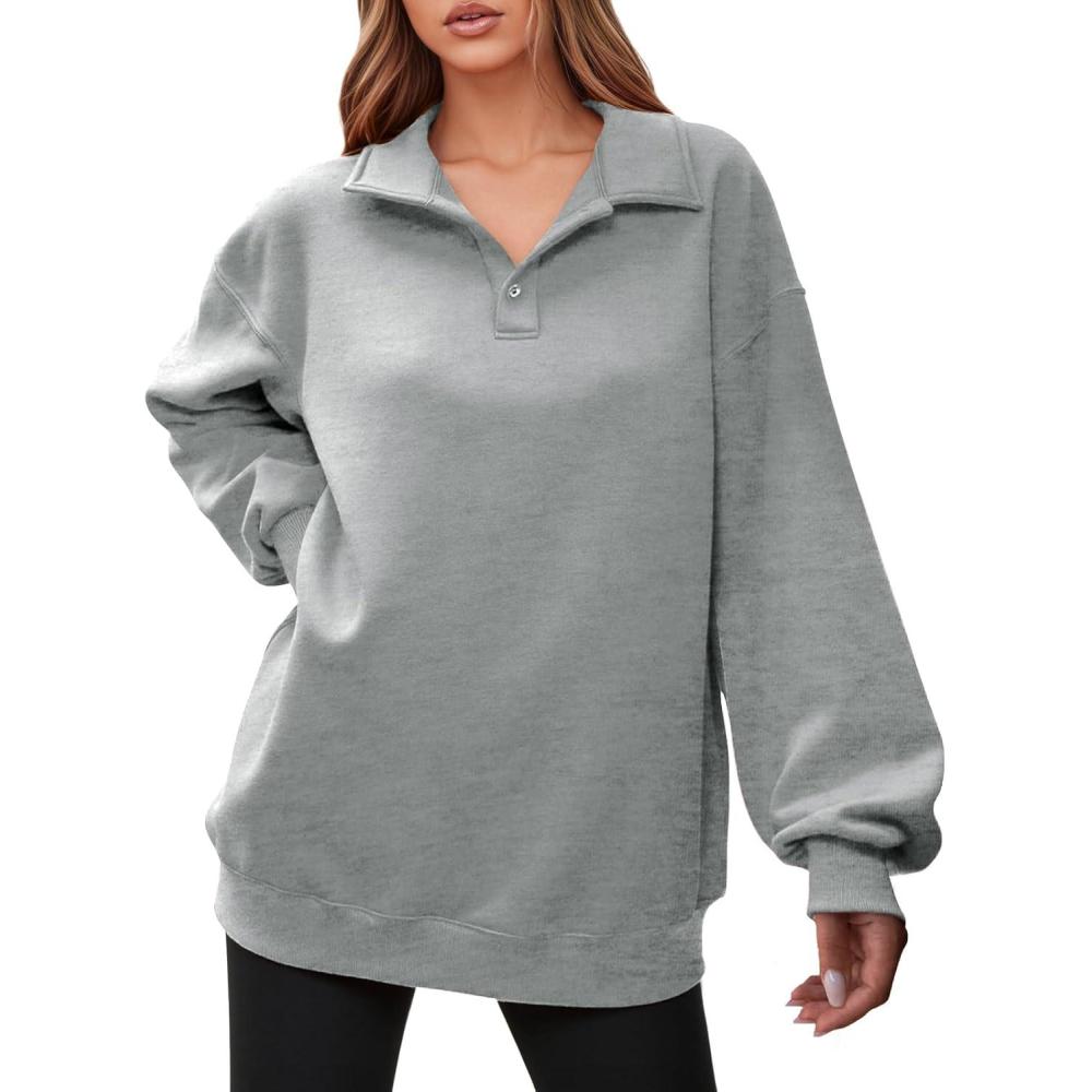 image:imageFisoew Womens Collared V Neck Sweatshirt Casual Oversized Long Sleeve Fashion Pullover TopsLight Grey