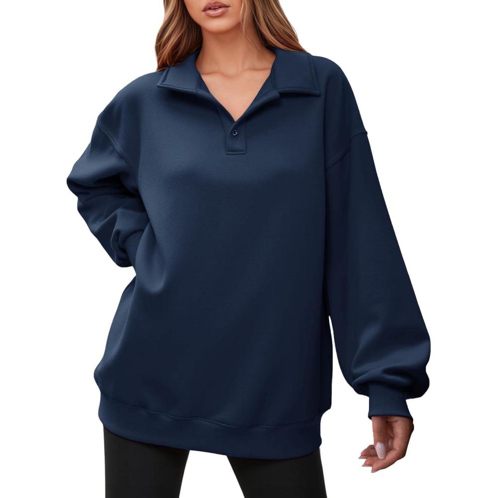 image:imageFisoew Womens Collared V Neck Sweatshirt Casual Oversized Long Sleeve Fashion Pullover TopsNavy