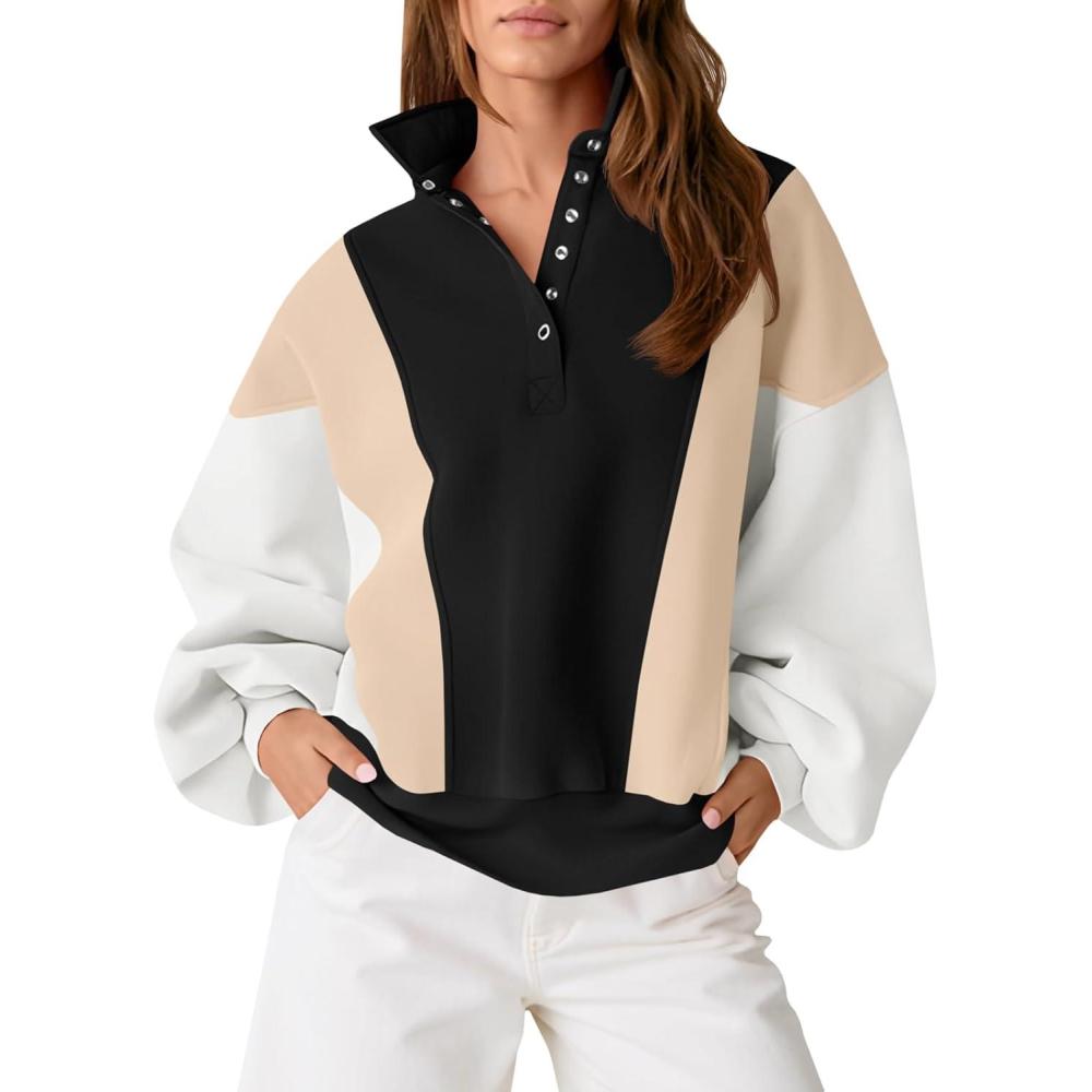 image:imageFisoew Womens Color Block Sweatshirt Casual Long Sleeve Henley Neck Button Loose Pullover TopsBlack