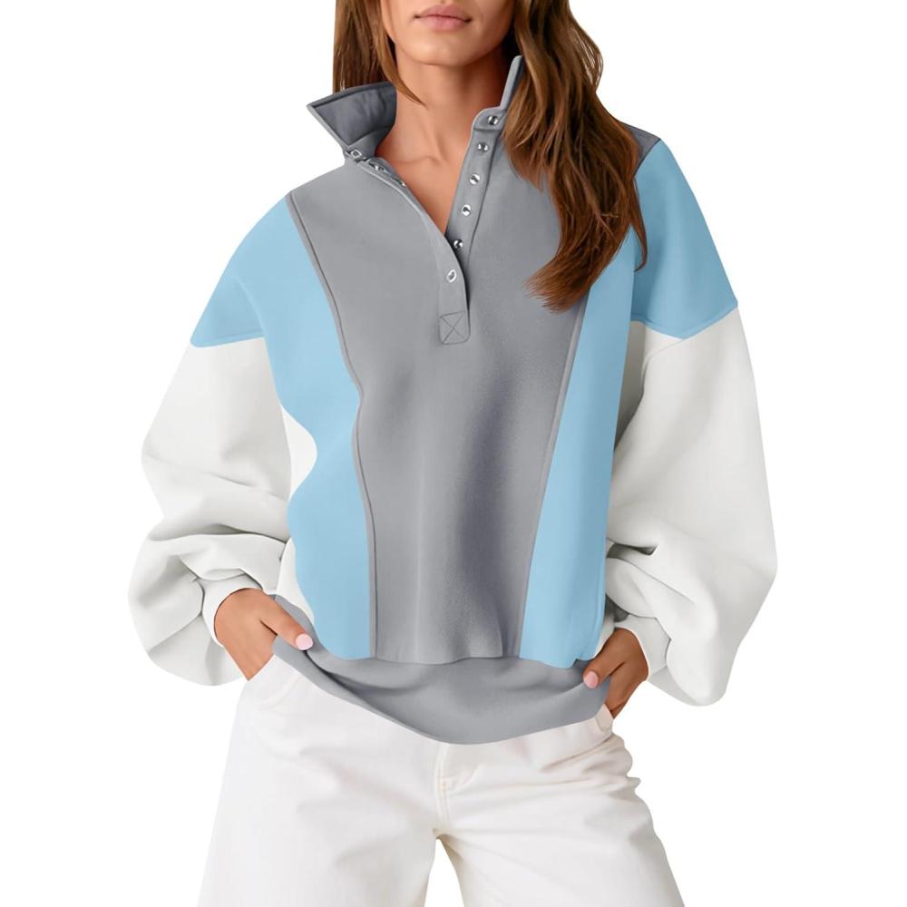 image:imageFisoew Womens Color Block Sweatshirt Casual Long Sleeve Henley Neck Button Loose Pullover TopsBluish Gray
