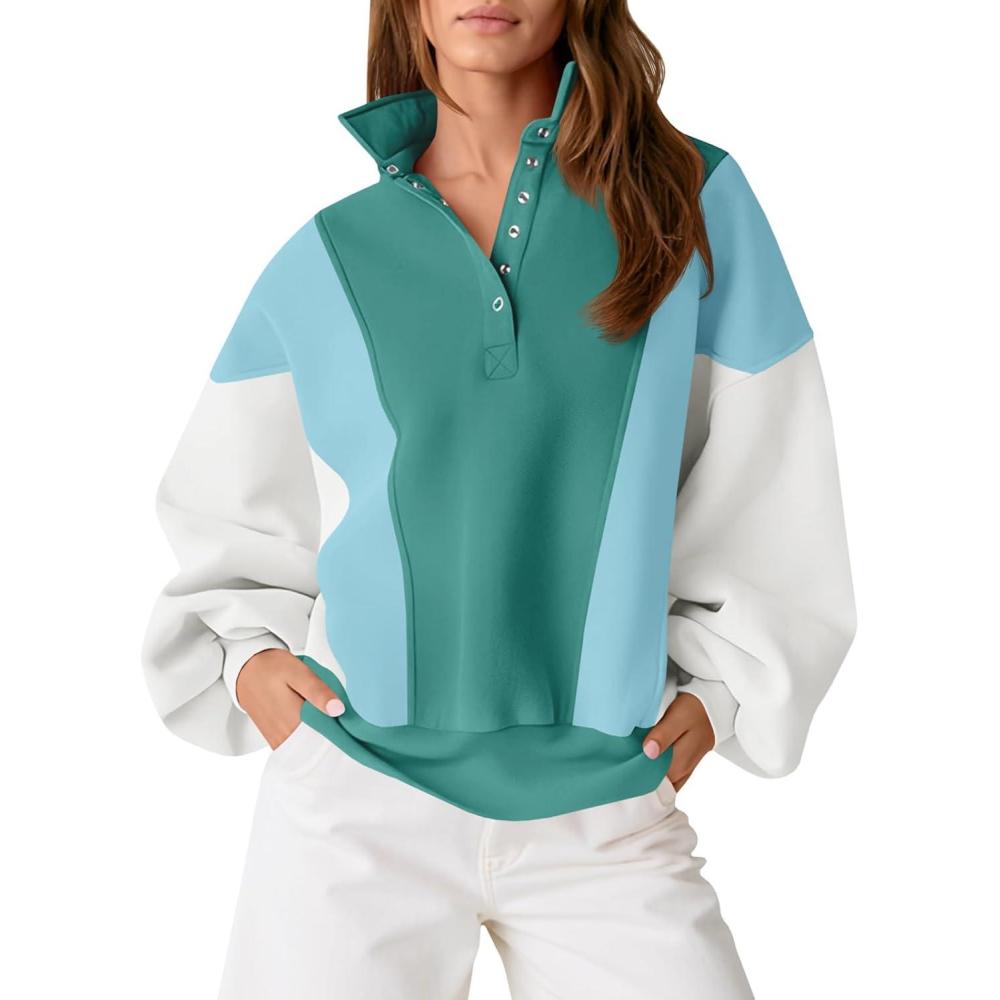 image:imageFisoew Womens Color Block Sweatshirt Casual Long Sleeve Henley Neck Button Loose Pullover TopsGreen